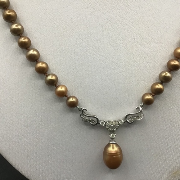 - 14k White Solid Gold Pearl Pendant Necklace Bronze Gold Natural Pearls & White - Picture 2 of 10